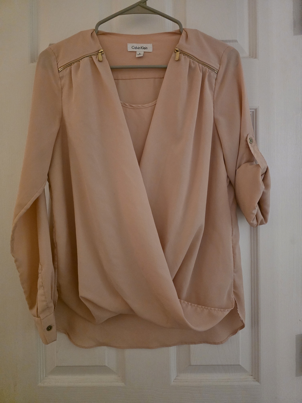 Calvin Klein Blush Pink Draped V-Neck Blouse with Gold Zipper Accents